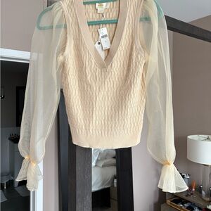 Maeve Cream Knit Top with Sheer Sleeves